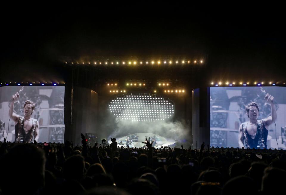 Headliner Harry Styles performs at the Coachella stage during the Coachella Valley Music and Arts Festival in Indio, Calif., Friday, April 15, 2022. 