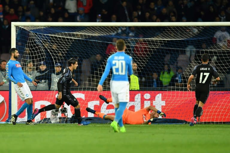 Real Madrid's forward Alvaro Morata (2ndL) celebrates after scoring during the UEFA Champions League football match SSC Napoli vs Real Madrid on March 7, 2017 at the San Paolo stadium in Naples