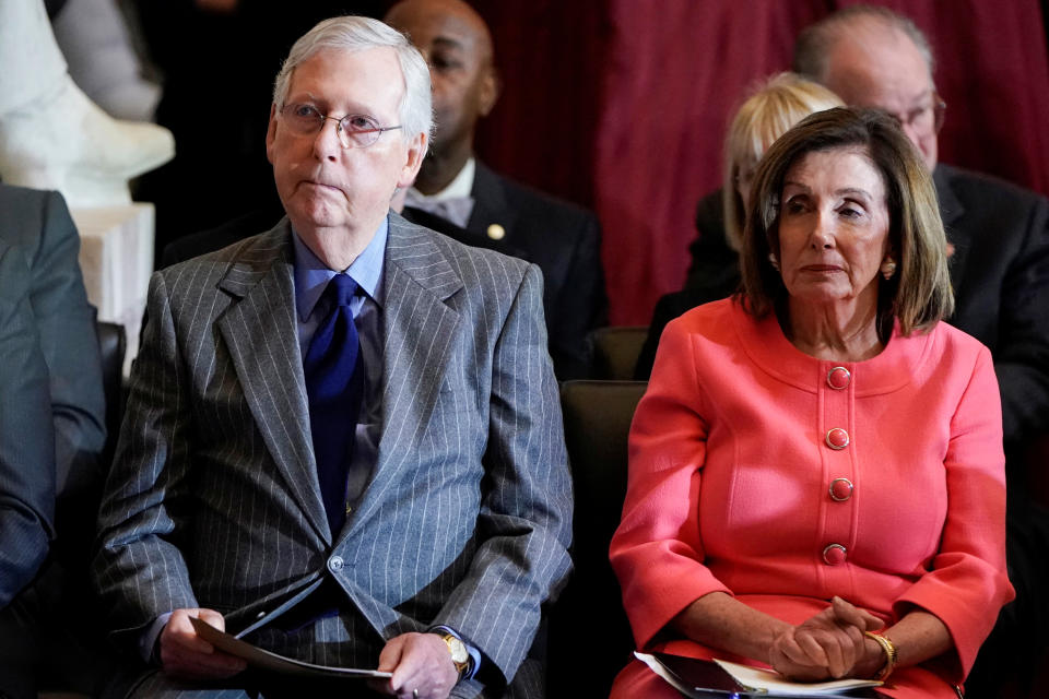 U.S. House Speaker Nancy Pelosi (D-CA) and Senate Majority Leader Mitch McConnell (R-KY) attend a Congressional Gold Medal Award ceremony for Steve Gleason at the U.S. Capitol in Washington, U.S., January 15, 2020. REUTERS/Joshua Roberts