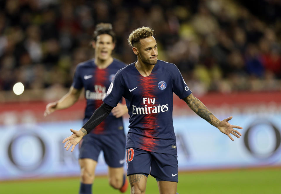 PSG's Neymar celebrates scoring his side's forth goal of the game during the French League One soccer match between AS Monaco and Paris Saint-Germain at Stade Louis II in Monaco, Sunday, Nov. 11, 2018 (AP Photo/Claude Paris)