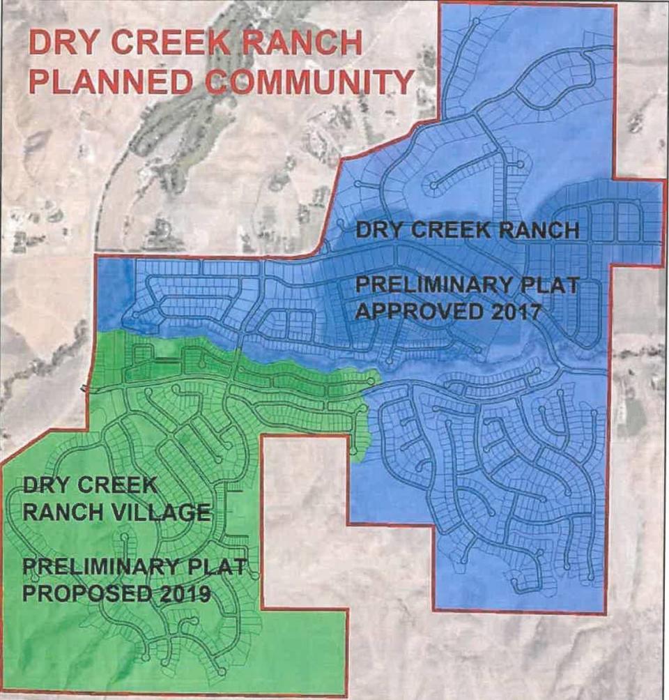 Ada County commissioners in 2019 approved Boise Hunter Homes’ second and final preliminary plat for the Dry Creek Ranch planned community on Idaho 55 and Dry Creek Road north of Boise. The Dry Creek Ranch Village plat, at left, would support 652 houses and 28 multifamily homes.