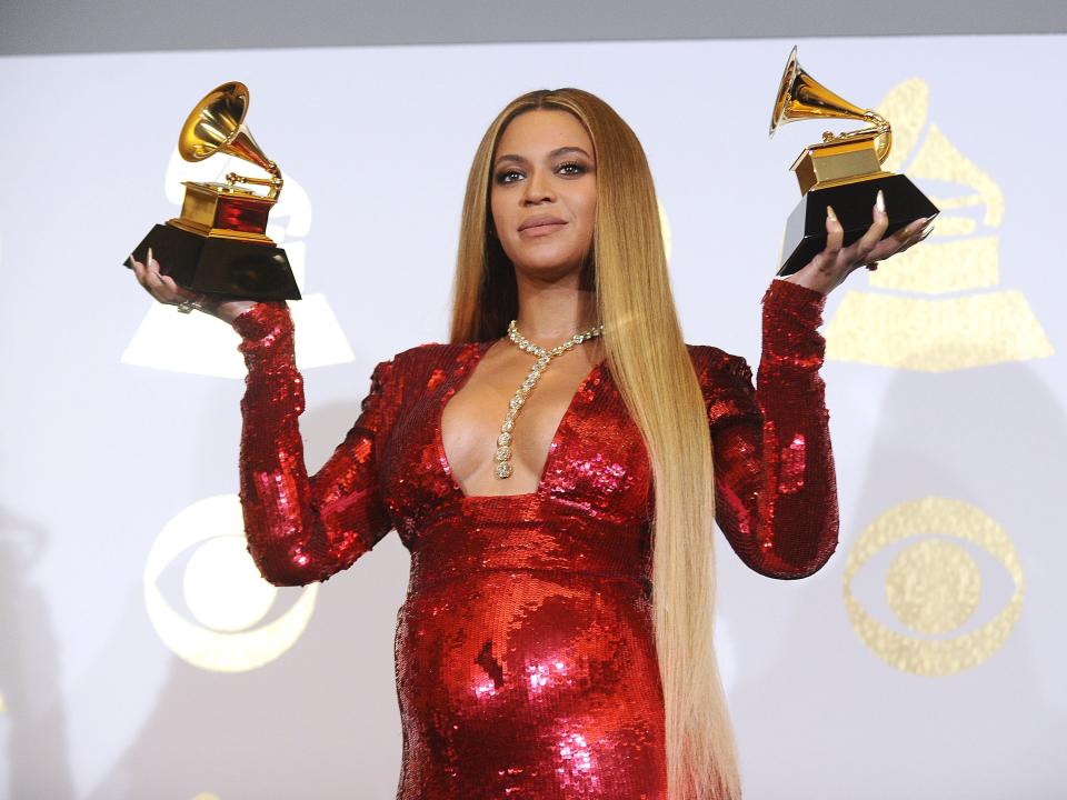 Beyonce poses in the press room at the 59th GRAMMY Awards at Staples Center on February 12, 2017 in Los Angeles.