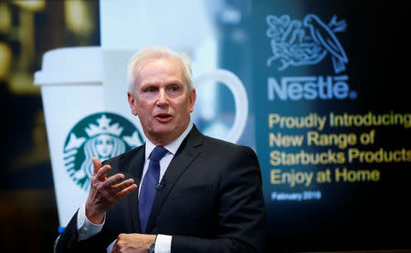 Patrice Bula, Nestle Executive Vice President and Head of Strategic Business Units, Marketing, Sales and Nespresso, addresses a news conference to announce that Nestle will sell Starbucks-branded coffee at grocery stores in Europe, Asia and Latin America at the company's headquarters in Vevey, Switzerland February 13, 2019. REUTERS/Arnd Wiegmann