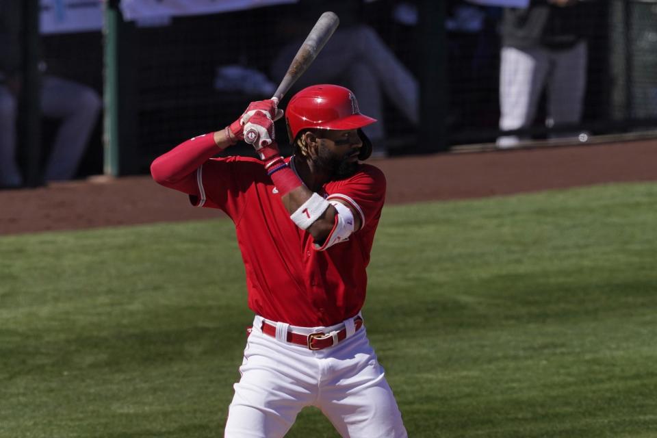 Angels outfielder Jo Adell gets set in the batter's box during a game against the Rockies on March 6.