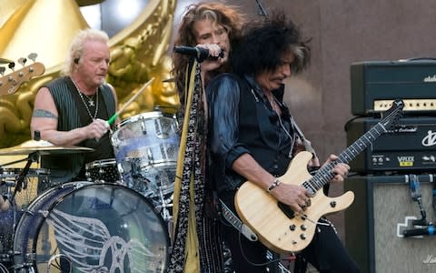 Aerosmith's Joey Kramer, Steven Tyler and Joe Perry performing in 2018 - Credit: invision