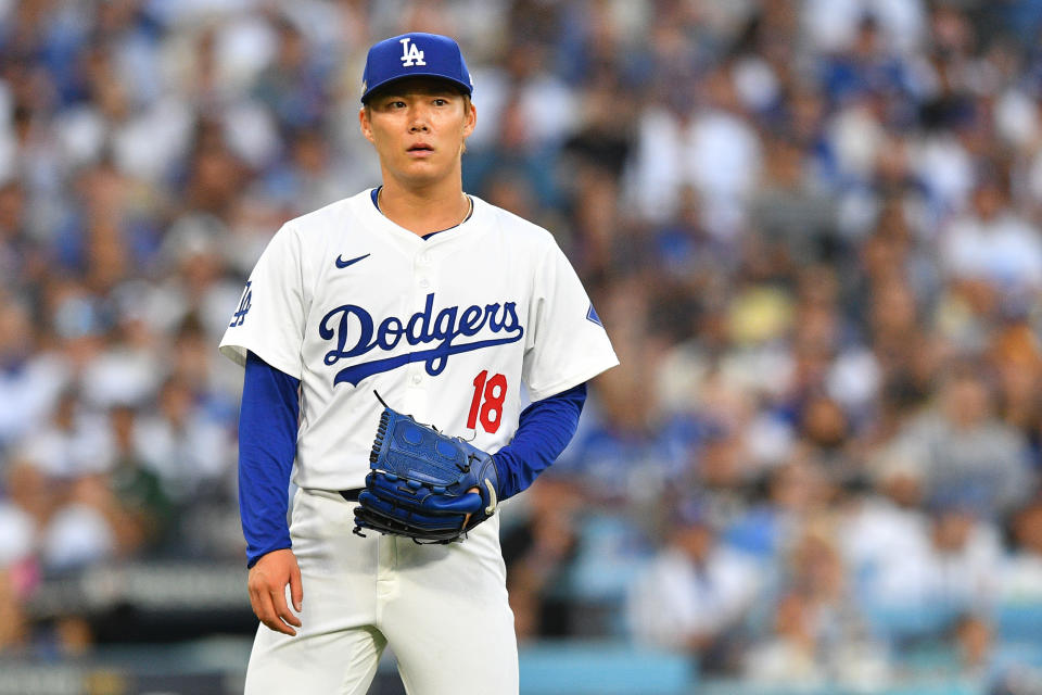 美國職棒大聯盟MLB季後賽國聯分區系列賽道奇與教士殊死第5戰，先發投手將是山本由伸（圖）對決達比修有，創下MLB季後賽史上首次有兩位日籍投手同場先發。（資料照／Brian Rothmuller／Icon Sportswire／Getty Images）