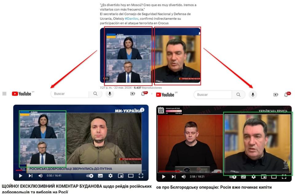 <span>Comparación hecha el 28 de marzo de 2024 entre capturas de pantalla de una publicación en X (arriba) y dos videos en YouTube, abajo a la izquierda el video publicado por My Ukraina, y abajo a la derecha el video publicado por Ukrainska Pravda </span>