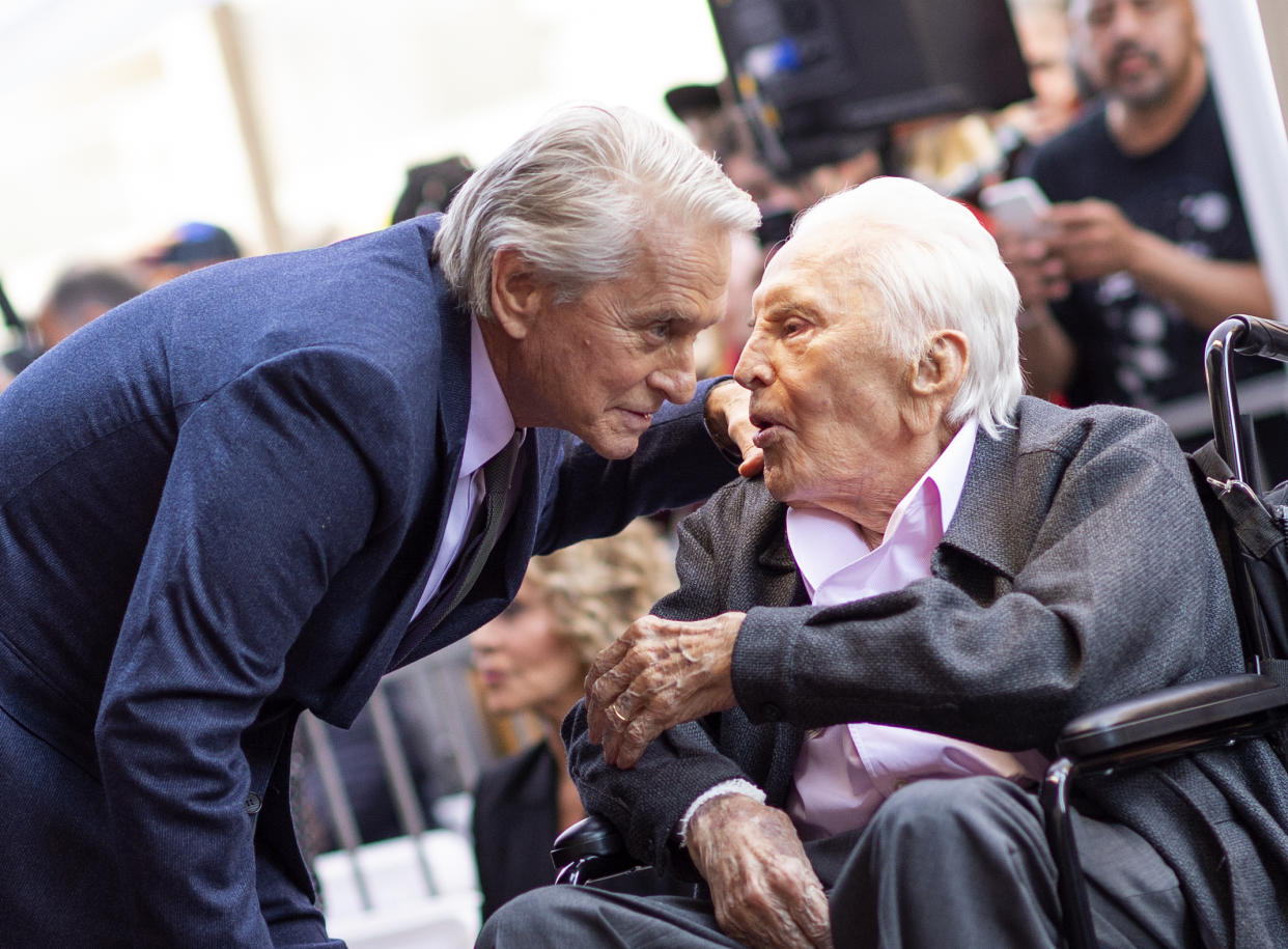 Actor Kirk Douglas attends a ceremony honouring his son actor Michael Douglas with a Star on Hollywood Walk of Fame, in Hollywood, California on November 6, 2018.