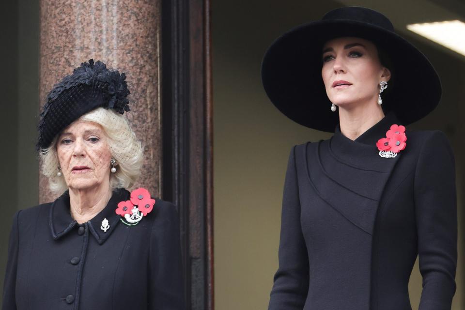 LONDON, ENGLAND - NOVEMBER 13: Queen Camilla and Catherine, Princess of Wales attend the National Service of Remembrance at The Cenotaph on November 13, 2022 in London, England.  (Photo by Chris Jackson/Getty Images)