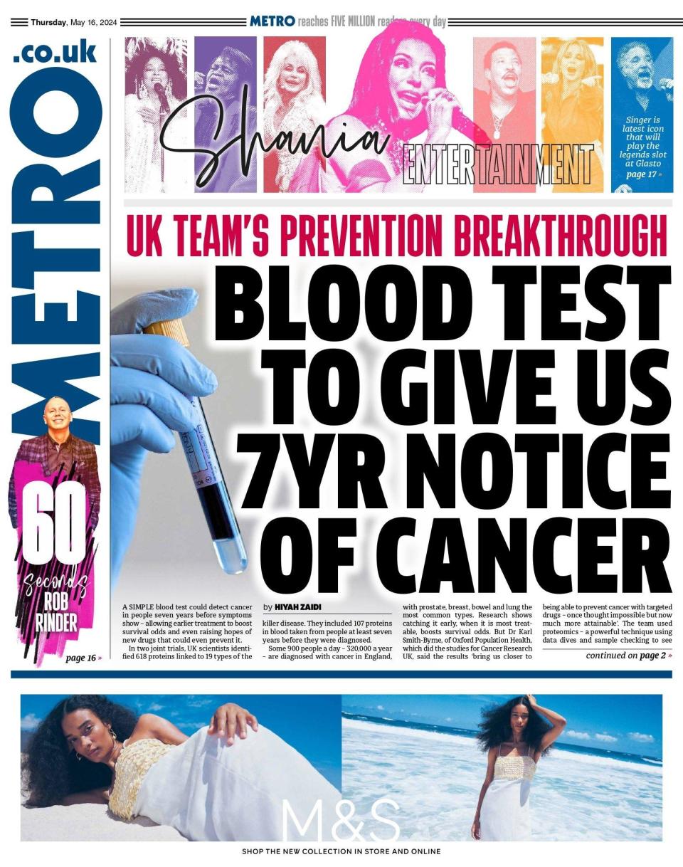Metro: Blood test to give us seven year notice of cancer