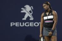 Mar 24, 2019; Miami Gardens, FL, USA; Sloane Stephens of the United States reacts after missing a shot against Tatjana Maria of Germany (not pictured) in the third round of the Miami Open at Miami Open Tennis Complex. Mandatory Credit: Geoff Burke-USA TODAY Sports