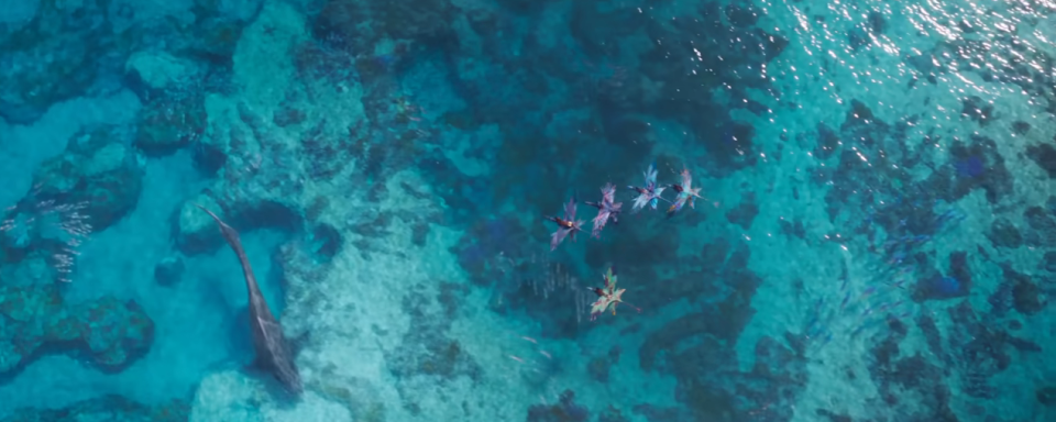 The kids riding their creatures flying over the ocean