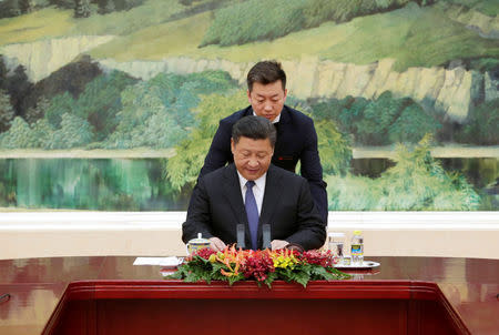 China's President Xi Jinping attends a meeting with South Korean special envoy Lee Hae-chan (unseen) at the Great Hall of the People, in Beijing, China May 19, 2017. REUTERS/Jason Lee