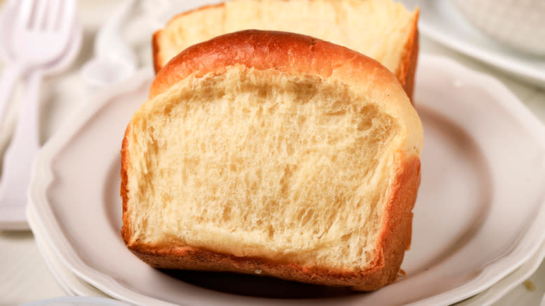 Close-up of a slice of Japanese milk bread on a plate