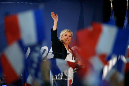 Marine Le Pen, French National Front (FN) political party leader and candidate for French 2017 presidential election, attends a political rally in Les Sables d'Olonne, France, March 27, 2017. REUTERS/Stephane Mahe