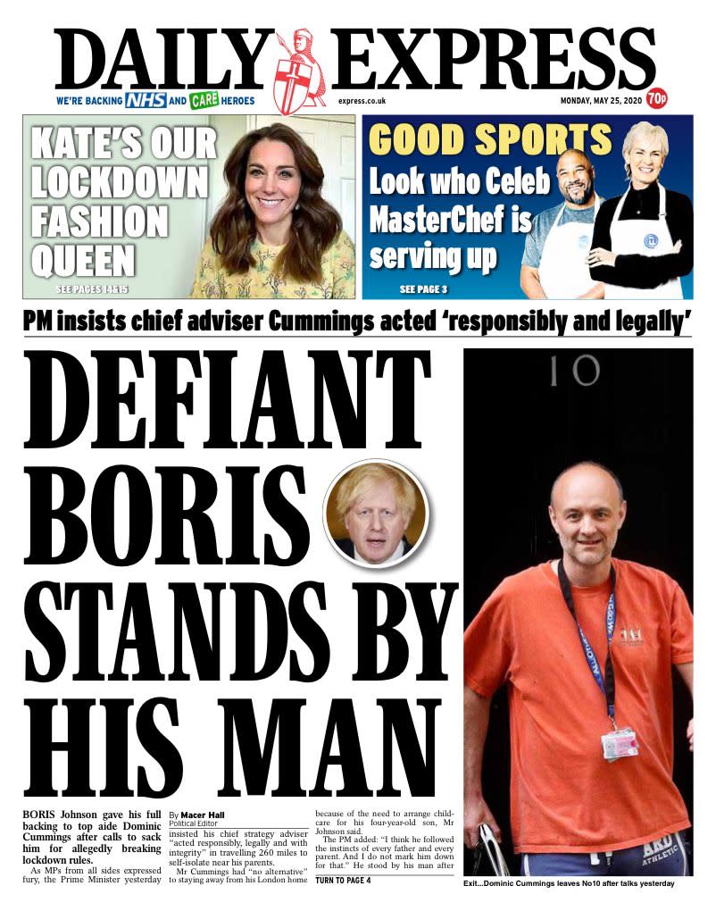 The Daily Express described the prime minister as 'defiant'.