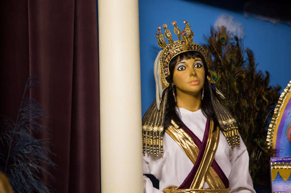 Mandatory Credit: Photo by Solent News/REX Shutterstock (4962646g) Elizabeth Taylor in King Soloman scene Discarded waxworks of famous people at the BibleWalk museum, Ohio, America - 13 Aug 2015 *Full story: http://www.rexfeatures.com/nanolink/qtge A life-size model of Prince Philip in the perhaps unlikely guise of an angel is the centrepiece of a bizarre biblical museum made up of discarded waxworks of celebrities from across the globe. Prince Charles is also a star attraction at the museum which gets up to 40,000 visitors a year. He has been transformed into Abel - the son of Adam and Eve - complete with 'pudding bowl' haircut. It features over 300 figures rescued from closed or failing waxwork museums. The wax models have been acquired by the BibleWalk museum in Mansfield in Ohio, USA, ever since it was founded in August 1983. It is billed as the only place on earth where you can see the gaffe-prone Duke of Edinburgh and celebrities such as film stars Tom Cruise and John Travolta "re-imagined" as notable biblical figures. While the origins of many of the waxworks remains a closely-guarded secret, characters in the Last Supper scene were obtained from a museum 750 miles away in Arkansas. 