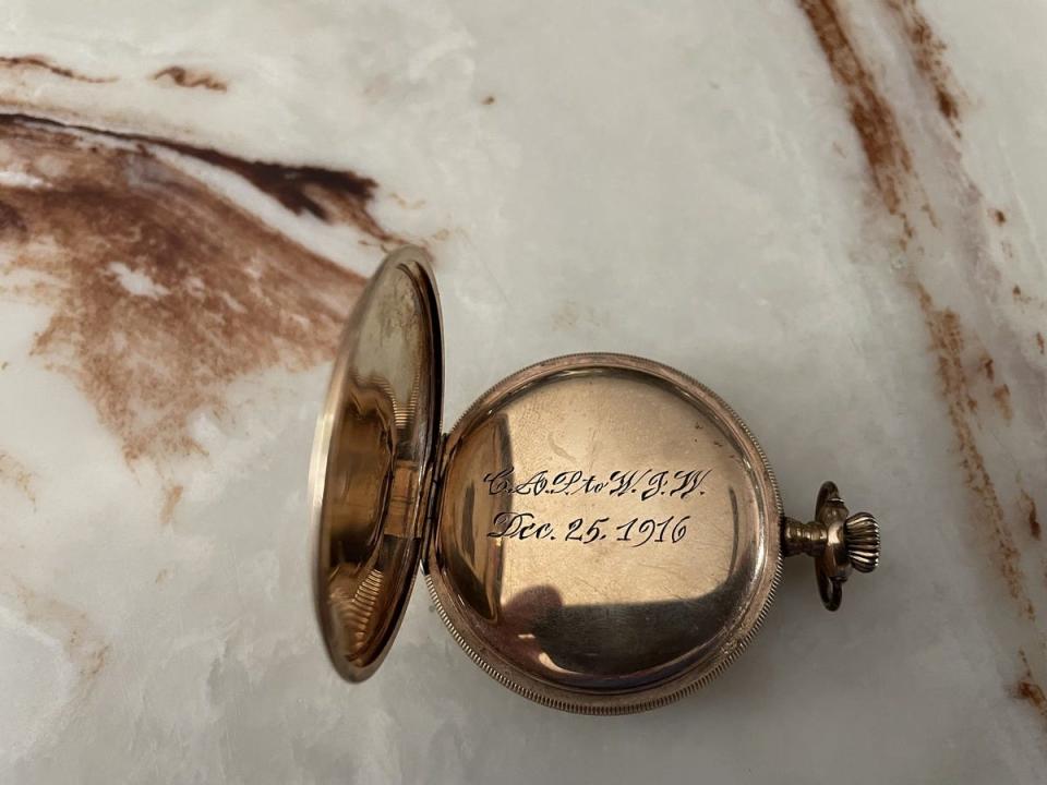 The inscription inside of the watch given by Cecile Alice Pierce to William James Webb (Gerald Smith's grandparents) in 1916.