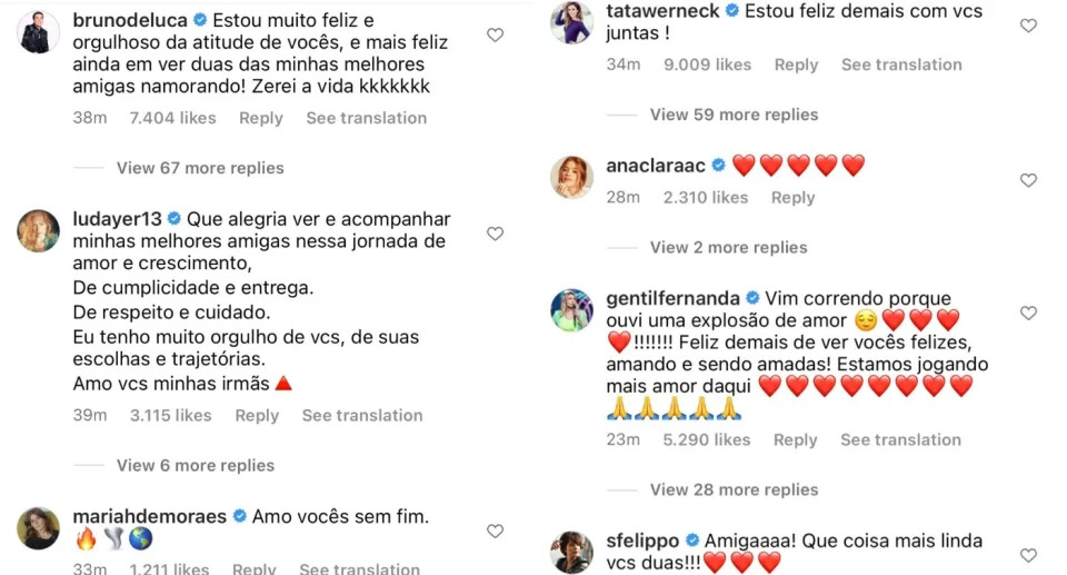Famosos comentando namoro de Fernanda Souza com Eduarda Porto (Foto: Reprodu&#xe7;&#xe3;o/Instagram@fernandasouzaoficial)