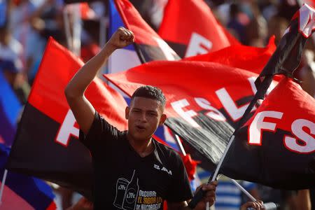 A supporter of Nicaragua's President Daniel Ortega gestures during an event to mark the 39th anniversary of the Sandinista victory over President Somoza in Managua, Nicaragua July 19, 2018. REUTERS/Oswaldo Rivas