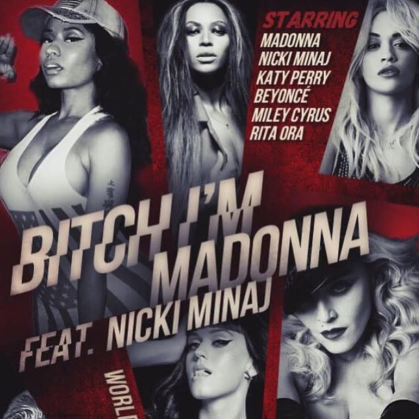 Can Taylor Swift's "Bad Blood" gal pals take on Madonna's fierce group of female artists? The 56-year-old music icon teased her new video for "B---h I'm Madonna" on Tuesday with an image that featured Beyonce, Nicki Minaj, Miley Cyrus, Rita Ora, and Swift's frenemy, Katy Perry. <strong> WATCH: A Who's Who Guide to Taylor Swift's 'Bad Blood' Music Video </strong> "Video coming soon! Just tryin to make it perfect for all of you," Madonna Instagrammed. "We are hard werking bitches! #bitchimmadonna." Madonna also posted a snippet from her video -- to be released today -- but it doesn't feature any of the female artists. Last month, Swift dropped her "Bad Blood" music video, which featured a slew of her famous friends including Selena Gomez, Zendaya, Karlie Kloss, Mariska Hargitay and Ellen Pompeo ...to name a few. The song is thought to be about Perry. <strong> NEWS: Katy Perry Confirms <em>Mean Girls</em> Tweet was Aimed at Taylor Swift </strong> The "California Gurls" singer was reportedly writing a song titled "1984" in response to Swift's record, but that rumor was quickly shut down by Perry's reps. Perhaps appearing in Madonna's all-diva video will be all the response Perry needs.