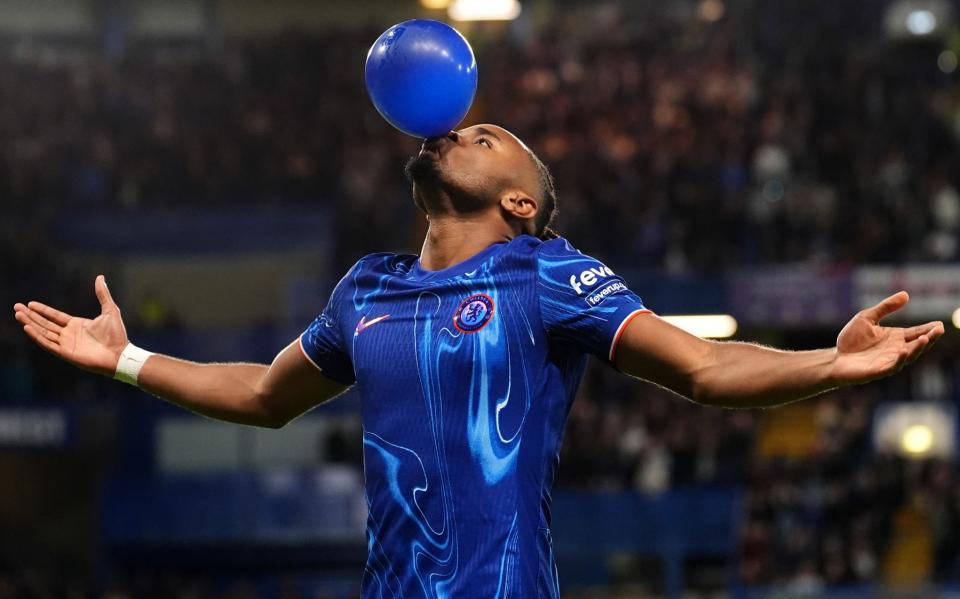 Christopher Nkunku with his trademark celebration after scoring Chelsea's third