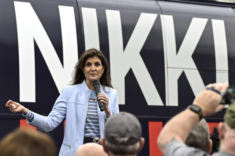 Republican presidential candidate former UN Ambassador Nikki Haley speaks at a campaign event in Greenwood, S.C., Saturday, Feb. 10, 2024. (AP Photo/Matt Kelley)