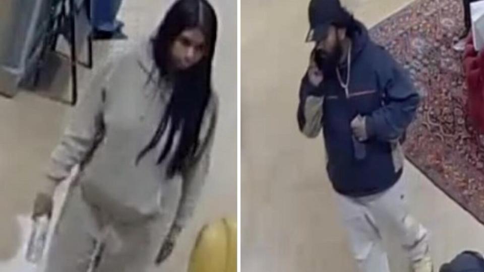 Suspects are described as a woman with a thin build and long black hair, plus a man with a heavy build, full beard and dark flowy hair.