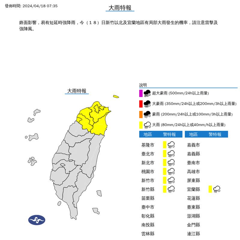 雨區擴大，北北基桃等「7縣市」大雨特報，注意雷擊及強陣風。（圖／中央氣象署）