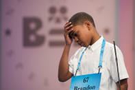 <p>Brandon Anderson of Mount Vernon, N.Y., misspells his word during the 90th Scripps National Spelling Bee in Oxon Hill, Md., Wednesday, May 31, 2017. (AP Photo/Cliff Owen) </p>