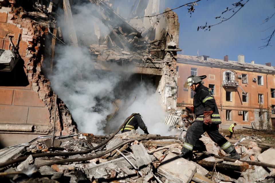 A residential building in Slovyansk, east Ukraine, lies in ruin after a Russian strike. (REUTERS)