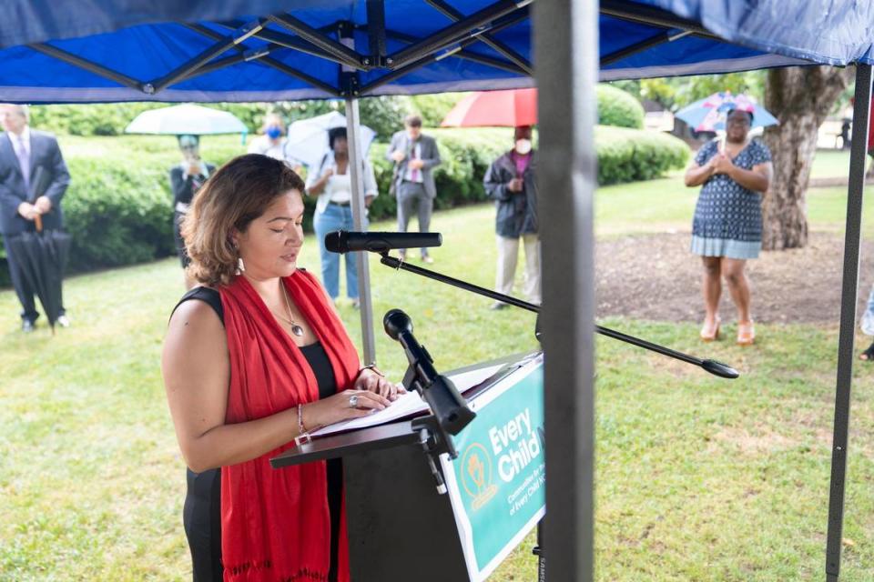 Iliana Santillan, the executive director of El Pueblo, speaks about the importance of funding the Leandro Plan to the crowd gathered outside of the N.C. Legislative Building on Wednesday, June 29, 2022.