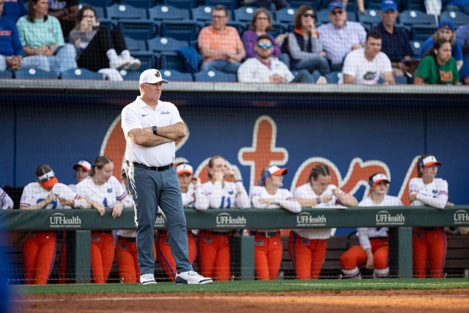 Florida Gators head coach Tim Walton looks on against the Stetson Hatters during the game at Katie Seashole Pressly Stadium at the University of Florida in Gainesville, FL on Wednesday, March 13, 2024. [Matt Pendleton/Gainesville Sun]