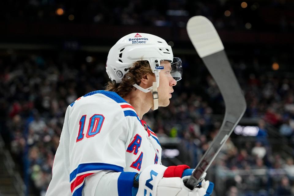 New York Rangers left wing Artemi Panarin (10) skates during the first period of the NHL hockey game against the Columbus Blue Jackets at Nationwide Arena on April 8, 2023. 