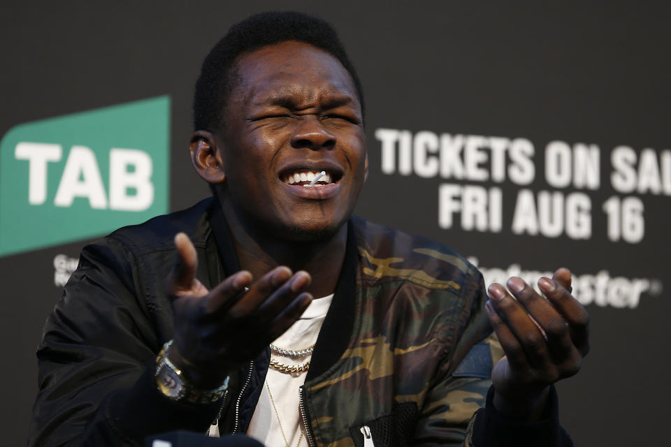 MELBOURNE, AUSTRALIA - AUGUST 15: Israel Adesanya speaks during a UFC Australia press conference at Federation Square on August 15, 2019 in Melbourne, Australia. (Photo by Daniel Pockett/Zuffa LLC/Zuffa LLC via Getty Images)