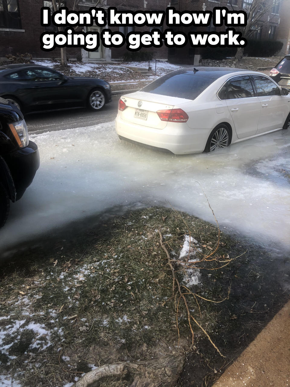 "I don't know how I'm going to get to work": Parked car is surrounded by a thick sheet of ice