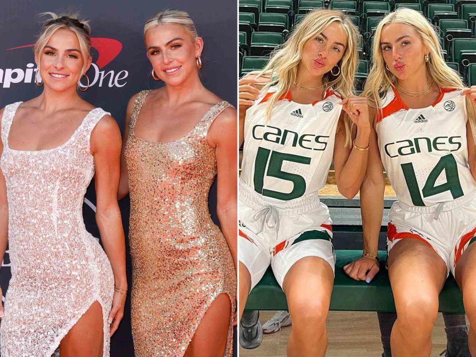 <p>Frazer Harrison/Getty ; Haley Cavinder Instagram</p> Left: Hanna and Haley Cavinder, the Cavinder Twins, at The 2023 ESPY Awards on July 12, 2023 in Hollywood, California. Right: Haley and Hanna Cavinder, the Cavinder Twins, in their University of Miami uniforms