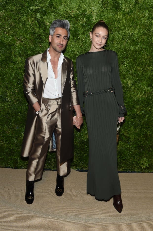 Tan France and Gigi Hadid attend the 2019 CFDA/<em>Vogue</em> Fashion Fund Awards. Photo: Jamie McCarthy/Getty Images