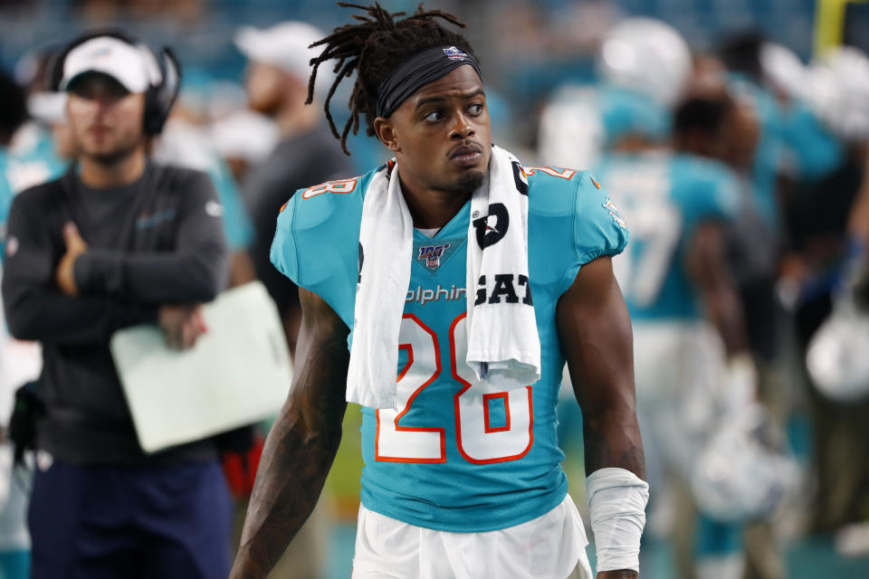 FILE -  In this Aug. 8, 2019, file photo, Miami Dolphins safety Bobby McCain watches during the second half of a preseason NFL football game against the Atlanta Falcons in Miami Gardens, Fla. McCain will be disciplined by the team for his verbal confrontation with a 13-year-old boy who was rooting for the Buffalo Bills. (AP Photo/Wilfredo Lee, File)