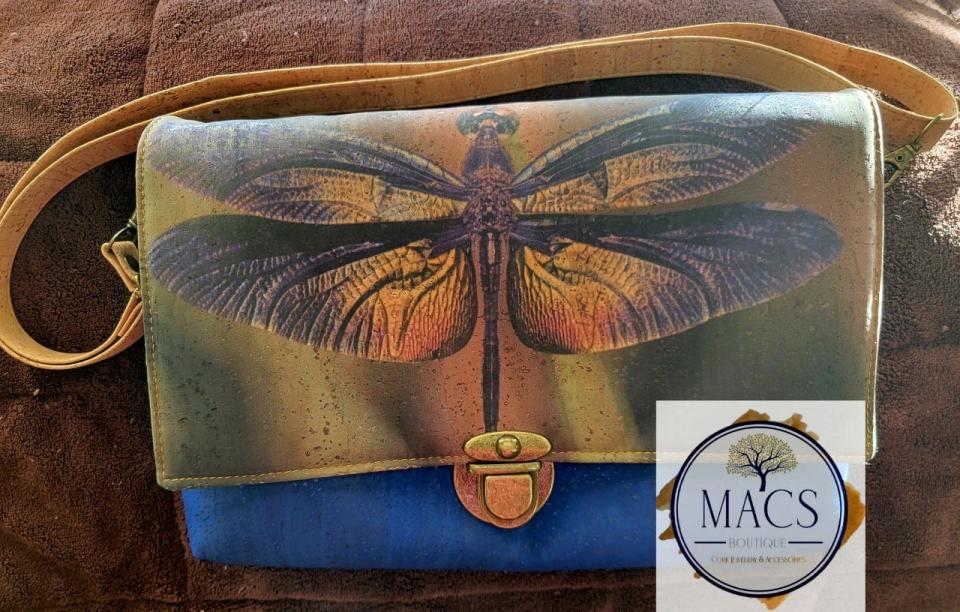 A dragonfly cork purse from MACS Boutique Cork Jewelry & Accessories at Hope Artiste Village in Pawtucket.