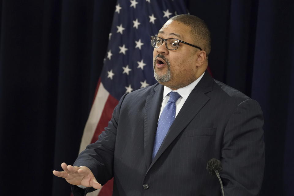 FILE - Manhattan District Attorney Alvin Bragg speaks at a press conference after the arraignment of former president Donald Trump in New York on Tuesday, April 4, 2023. On Friday, April 7, The Associated Press reported on stories circulating online incorrectly claiming Bragg is charging a New York City parking garage attendant for attempted murder after he shot an alleged armed robber. (AP Photo/John Minchillo, File)