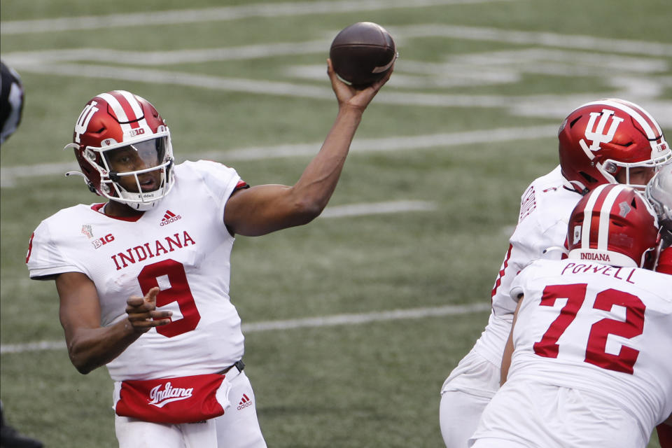 Indiana quarterback Michael Penix throws a pass against Ohio State during the second half of an NCAA college football game Saturday, Nov. 21, 2020, in Columbus, Ohio. Ohio State beat Indiana 42-35. (AP Photo/Jay LaPrete)