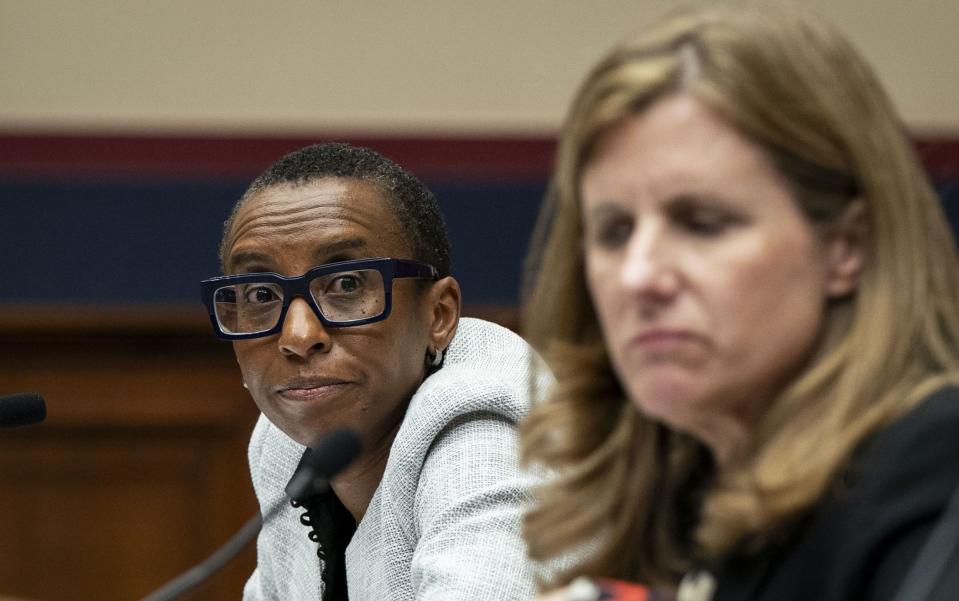 Claudine Gay (left), the president of Harvard, testifies at a congressional hearing on Tuesday