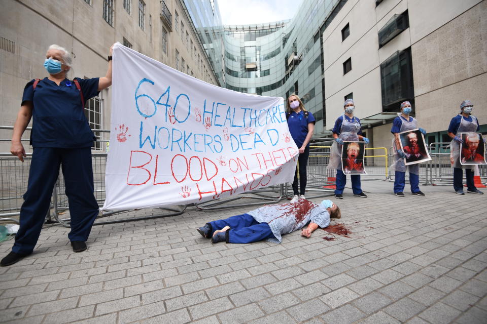 LONDON, ENGLAND - SEPTEMBER 12: NHS workers attend the 'March for Pay' Demonstration outside the BBC Broadcasting House in London, United Kingdom on September 12, 2020. (Photo by Kate Green/Anadolu Agency via Getty Images)