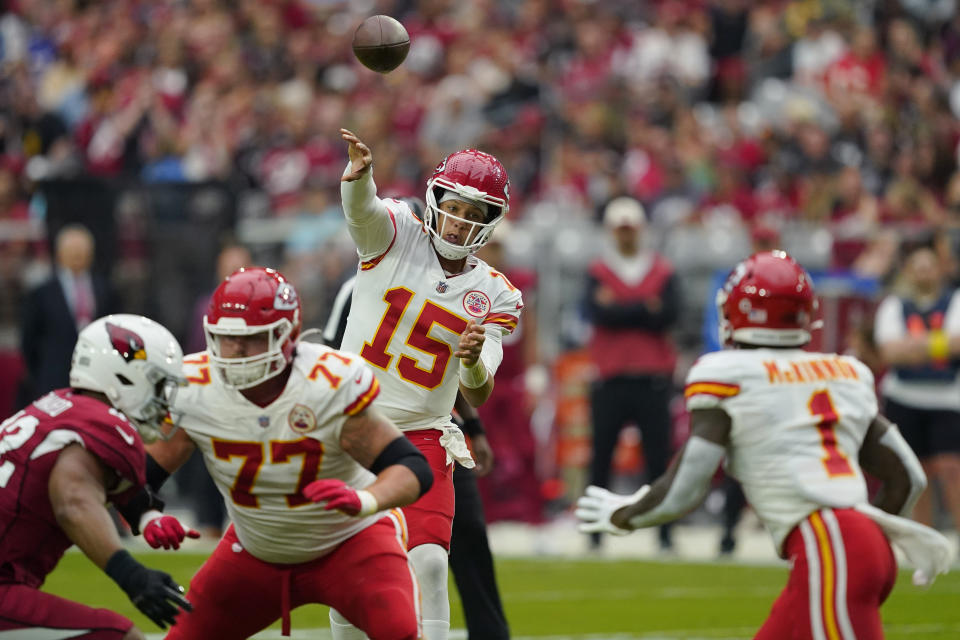 Kansas City Chiefs quarterback Patrick Mahomes (15) throws against the Arizona Cardinals during the first half of an NFL football game, Sunday, Sept. 11, 2022, in Glendale, Ariz. (AP Photo/Matt York)