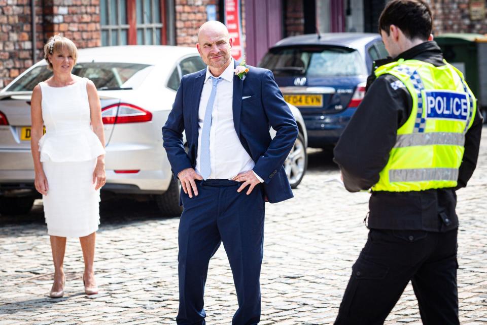 Wednesday, October 7: A police officer turns up at Sally and Tim's wedding reception
