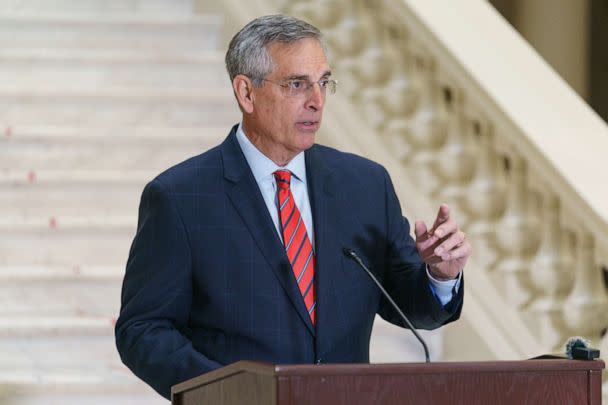 PHOTO: Georgia Secretary of State Brad Raffensperger speaks to the media about early voting progress on Oct. 25, 2022 in Atlanta. (Elijah Nouvelage/Getty Images)