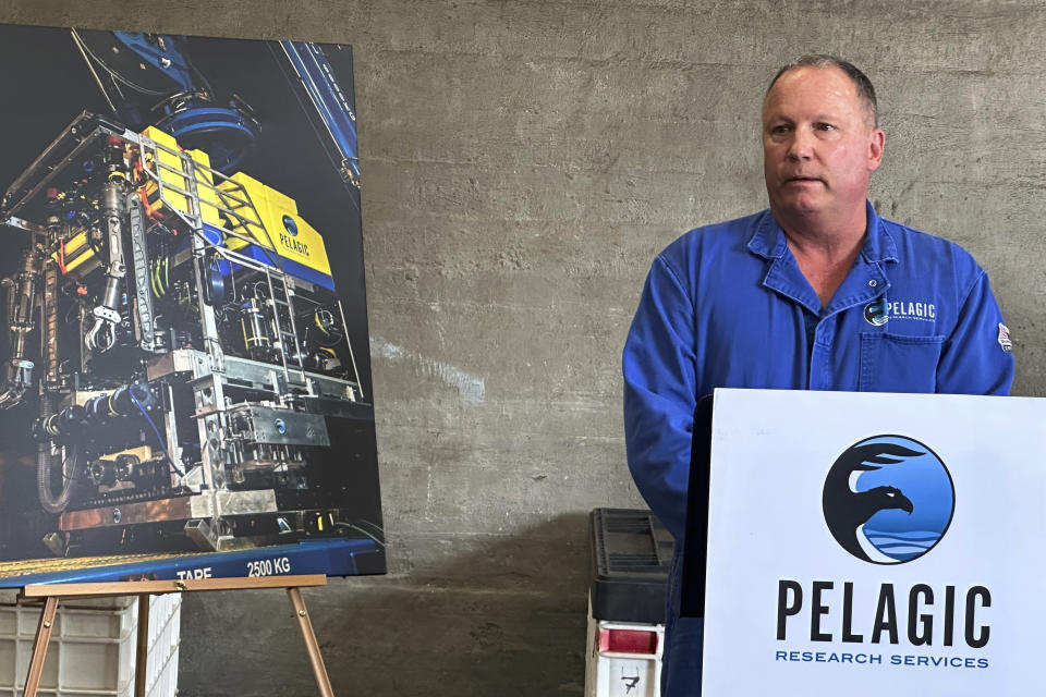 Edward Cassano speaks during a news conference on the Titan submersible are displayed on Friday, June 30, 2023 in Aurora N.Y. The submersible imploded last week, killing all five people on board. (AP Photo/Carolyn Thompson)