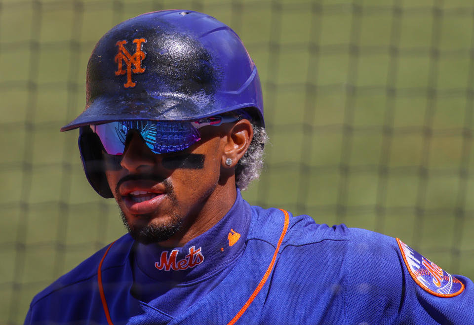 PORT ST. LUCIE, FLORIDA - MARCH 19: A general view of the Oakley sunglasses worn by Francisco Lindor #12 of the New York Mets against the St. Louis Cardinals in a spring training game at Clover Park on March 19, 2021 in Port St. Lucie, Florida. (Photo by Mark Brown/Getty Images)