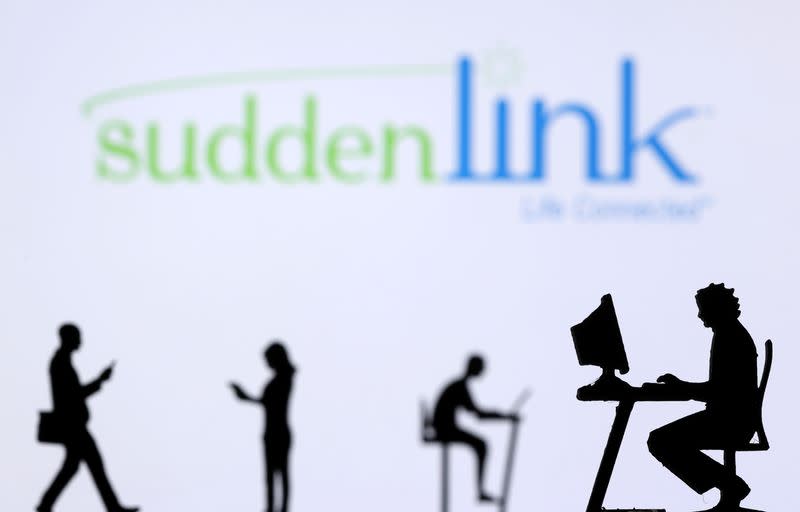 Illustration shows small toy figures with laptops and smartphones in front of displayed Suddenlink Internet logo